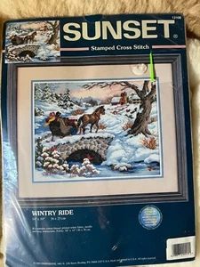 Sunset Stamped Cross Stitch Wintry Ride New Sealed - Picture 1 of 5