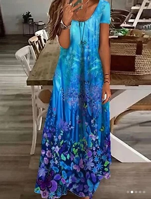 Blue Butterfly and Flowers Print Maxi short Sleeve Women’s Plus Size 2XL - Image 1 of 4