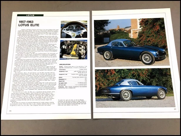 Lotus Elite Car Review Print Article with Specs 1957 1958 1960 1961 1962 P254 - Изображение 1 из 1
