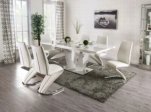Modern Glossy White & Chrome Table & Leatherette Chairs - 7 piece Dining Set CE8 - Picture 1 of 3