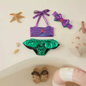 3Pc Kids Girl Mermaid Bikini Summer Beachwear Halter Top Swimwear with Headband - Picture 1 of 11