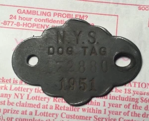 VTG 1951 N Y S DOG LICENSE Old Metal NEW YORK STATE Reg TAX TAG 1 7 28 80 Nice - Picture 1 of 2