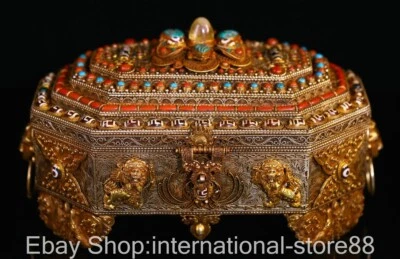 Antigua caja de 2 orejas con incrustación de plata de filigrana china de 12" patrón de dragón Dzi Qilin Foto 1 de 4