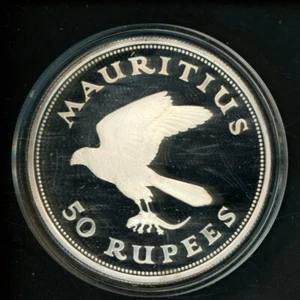 Mauritius 50 Rupees 1975 Conservation Kestrel animals PROOF Silver Coin KM 41 - Picture 1 of 2
