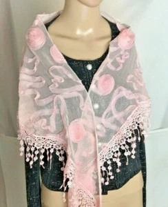 Beautiful Women's Triangular Pink Shawl Roses and Lace 72" x 19" - Picture 1 of 4