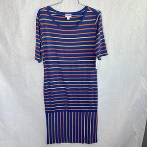 LULAROE Julia Dress Large RAYON SOFT Blue Orange Striped SPORTS TEAM COLORS NWT - Picture 1 of 3