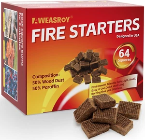 Fire Starter Squares for BBQ, Fireplace, Camping, Wood Stove - 64 Pack - Picture 1 of 7