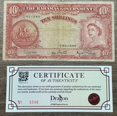 BAHAMAS 🇧🇸 GOVERNMENT 10 SHILLINGS ND 1963 QEII CIRCULATED PAPER NOTE BILL - Image 1 of 2