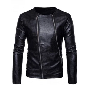 Classy Men's Authentic Lambskin 100% Leather Jacket Black Collarless Biker Coat - Picture 1 of 4