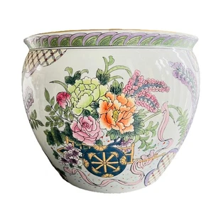 Maceta de porcelana asiática vintage Koi pecera Chinoiserie Jardiniere maceta de caché - Imagen 1 de 11