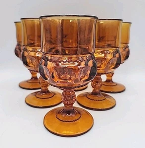 6 Vintage Indiana Glas Co Wasserkelche Krone Bernstein Daumenabdruck Gläser - Bild 1 von 8