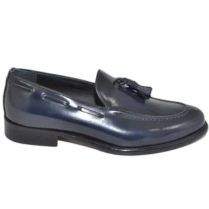 Scarpe uomo classico mocassino inglese elegante cerimonia abrasivato blu vera pe - Foto 1 di 9