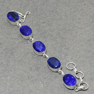 Браслет модный ювелирный ручной работы ограненный синий сапфир овальная форма драгоценный камень 7 дюймов - Изображение 1 из 4