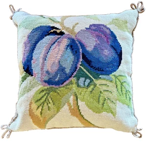 Vtg IMPERIAL ELEGANCE Needlepoint Throw Pillow Fruit Cottagecore Plumbs 13x13" - Picture 1 of 23