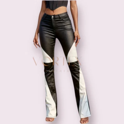 Женские брюки из натуральной овечьей кожи | черно-белые брюки из овечьей кожи в западном стиле - Изображение 1 из 4