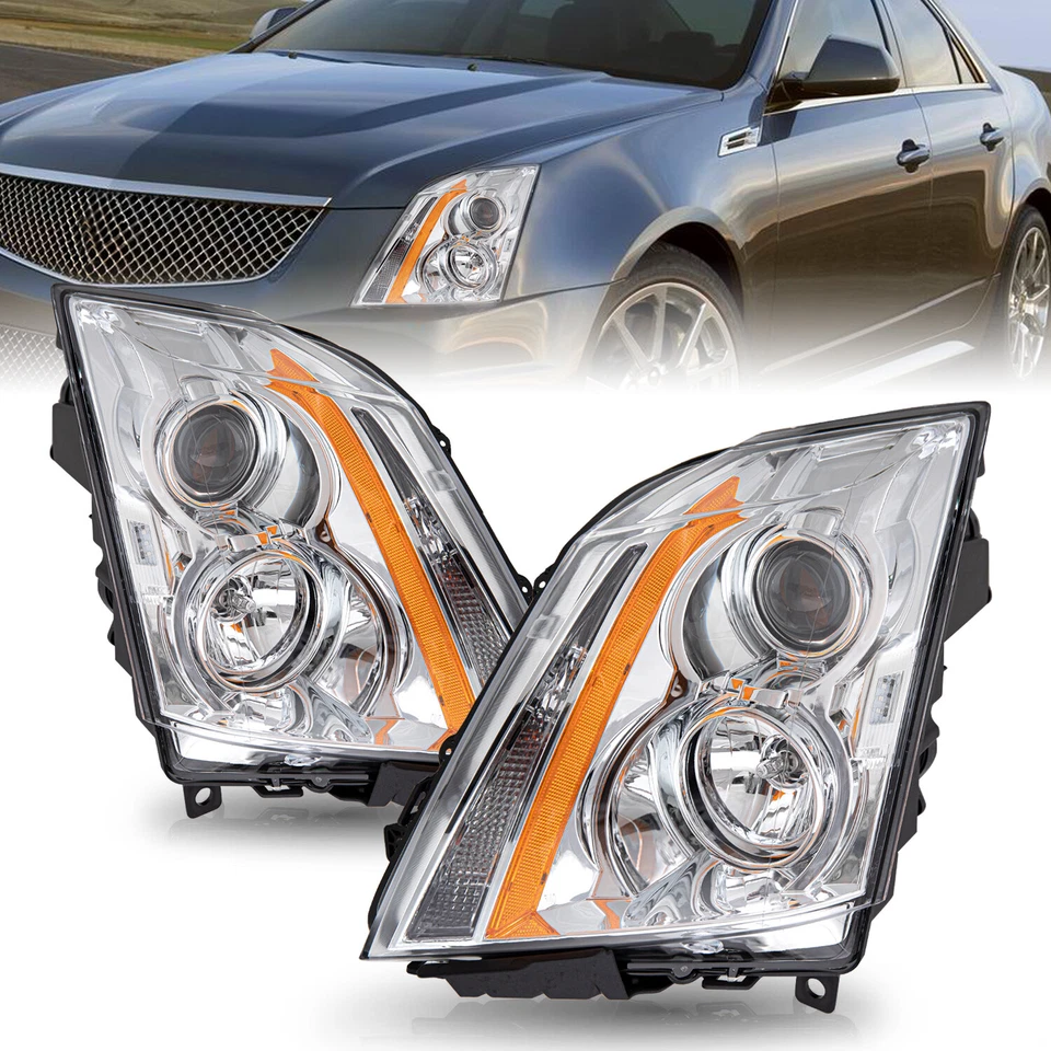 [Halogen Type] Chrome Headlights For 2008-2014 Cadillac CTS CT-S LH+RH w/Bulbs - Image 1 of 1