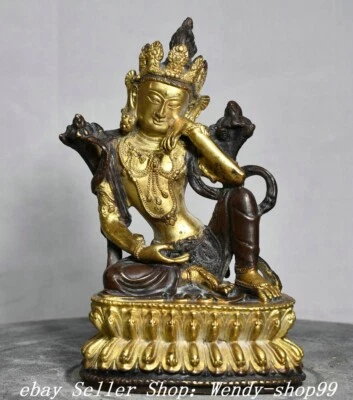 Estatua de Buda Diosa Tara Guanyin Kwanyin Verde Loto Dorado Cobre 7" Antiguo Tíbet Foto 1 de 4