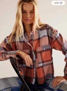 Free People Cowboy-Stil Austin kariertes Button-Down-Hemd Medium UVP 188 £ neu mit Etikett - Bild 1 von 8