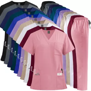 2Pcs/Set Summer Scrub Set Men Women Medical Uniforms V-Neck Top Straight Pants - Picture 1 of 29