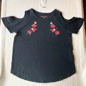 Abercrombie Kid’s Off Shoulder Embroidered Floral Blouse size 11/12, Dark Blue  - Picture 1 of 5