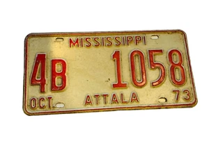 Old Antique Vintage 1973 License Plate Mississippi Attala Kosciusko Car Tag Red  - Picture 1 of 4