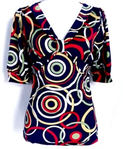 August Silk Options V Neck 3/4 Sleeve Geometric Print Women's Top Blouse Size S - Imagen 1 de 8