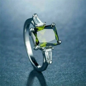 2Ct Emerald Cut Lab Created Peridot Women's Wedding Ring 14K White Gold Plated - Picture 1 of 4
