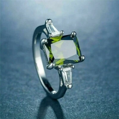 2Ct Emerald Cut Lab Created Peridot Women's Wedding Ring 14K White Gold Plated - Image 1 of 4