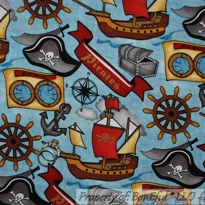 BonEful Fabric FQ Cotton Quilt American PIRATE Kid Ship Sail Boat Flag Skull Hat - Image 1 of 4