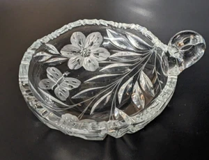 Sawtooth Heavy Glass Candy Nut Dish Bowl w/ Handle Flowers Butterflies 6.25" - Picture 1 of 14