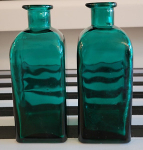 2 THICK GLASS TEAL SQUARE BOTTLES JARS WITH SPOUTS 7 INCHES HOLDS 14 OZS