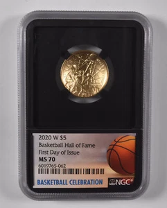 MS70 2020-W $5 Gold Basketball HOF NGC Kareem Abdul Jabbar Signed #33 - Picture 1 of 5