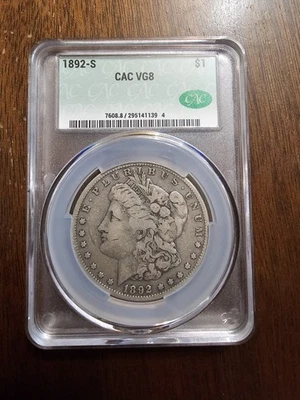 1892-S CAC VG8 Morgan Silver Dollar $1 Low Mintage - Harder To Find Original  - Image 1 of 4