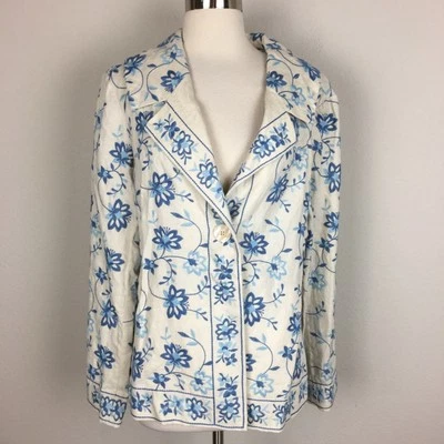 J Jill  Natural White Blue   Floral  Embroidered  Blazer Jacket  Large - Image 1 of 4