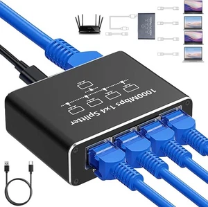Gigabit Ethernet Splitter 1 to 4, 1000Mbps RJ45 Network Switch...  - Picture 1 of 7