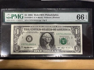 $1 1993 Green seal. $1 Federal Reserve Notes 1920-C PMG 66 EPQ Web Press - Picture 1 of 3
