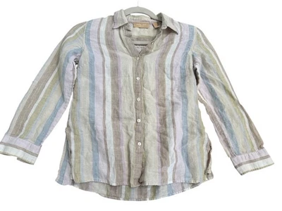 Kate Hill 亚麻纽扣前衬衫 粉彩 米色 长袖 小号 条纹 查看 — 第 1/4 张图片