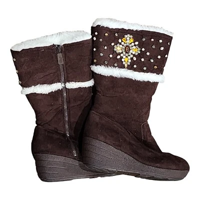New Joan Boyce Brown Fancy Studded Jeweled Faux Fur Lined Boots   Size 7 - Image 1 of 4