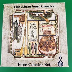 AbsorbaStone Coasters Rustic Lodge Eat Sleep Go Fishing 3 5/8" Set of 4 - Picture 1 of 6