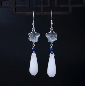 I04 Orecchini Foglia Loto Di Argento Sterling 925 E Gocce Dal Bianco Calcedonio - Foto 1 di 5