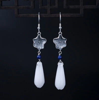 I04 Orecchini Foglia Loto Di Argento Sterling 925 E Gocce Dal Bianco Calcedonio - Immagine 1 di 4