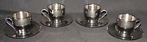 Set of 4 CRATE & BARREL Stainless Steel Espresso Cups & Saucers
