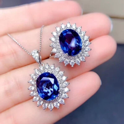 2pc Swiss Blue White Topaz Gemstone Luxury Women Silver Necklace Ring Set - Image 1 of 4