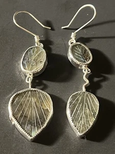 Sterling Silver 925 Carved Labradorite Leaf Hook Dangle Drop Earrings 3 3/8" - Picture 1 of 16