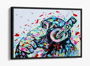 BANKSY DJ MONKEY - FLOTADOR PROFUNDO/EFECTO FLOTADOR ENMARCADO LONA IMPRESIÓN EN PARED - Imagen 1 de 12