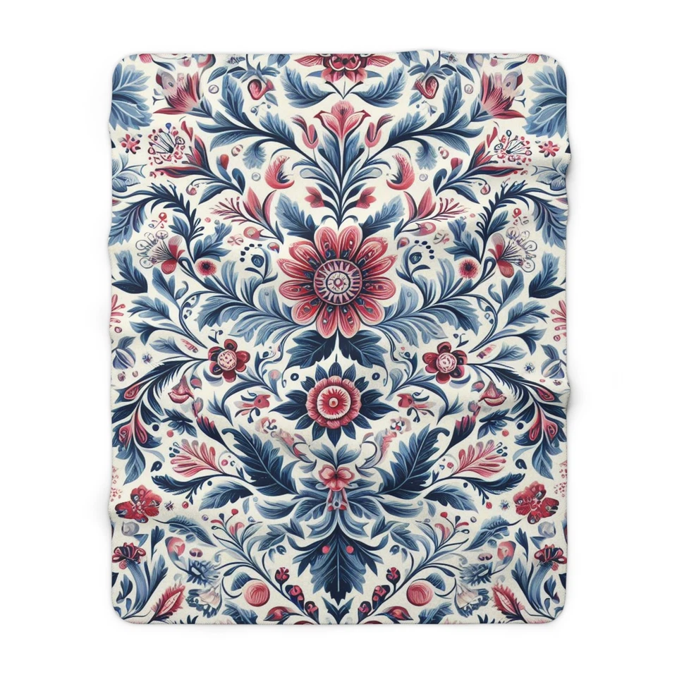 Swedish Inspired Floral Pattern, Cozy Sherpa Fleece Blanket, Sofa Throw Blanket - Image 1 of 1