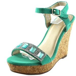 New women's shoes sandals open toe wedge blue green rhinestones casual party - Picture 1 of 3