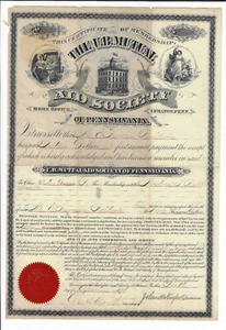 PENNSYLVANIA 1870 The U B Mutual Aid Society of Pennsylvania Stock Certificate - Picture 1 of 2