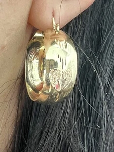 GOLd HEART ROSE hoop huggie earring earrings round 10k wide thick bangle 25mm - Picture 1 of 8