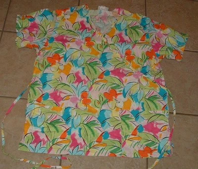 Womens Sz Large Floral Print Nurse Medical Dental Hospital Scrub Shirt PEACHES - Image 1 of 2